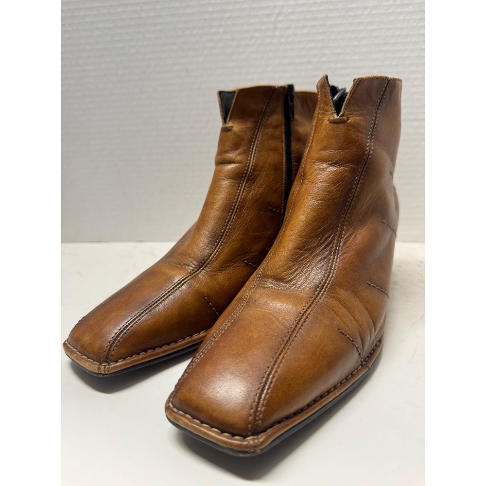 Ara Relax Flex Cognac Brown Leather Square Toe Ankle Boots Size 6
